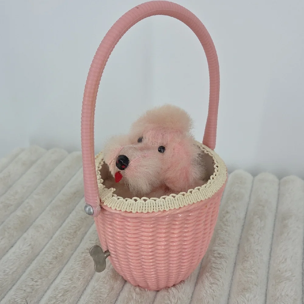 Vintage Japanese Pink Poodle In A Basket Windup Toy